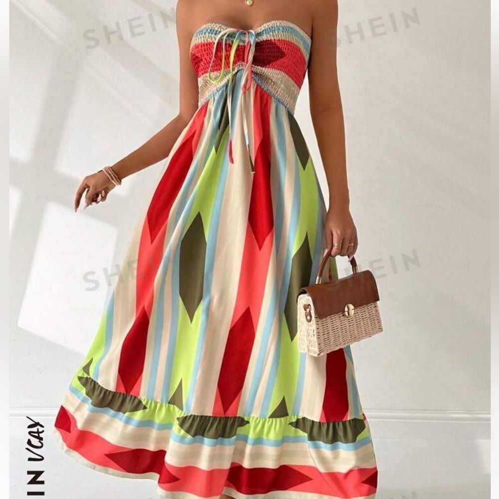 Women's Summer Geometric Print Bandeau Dress With Front Tie